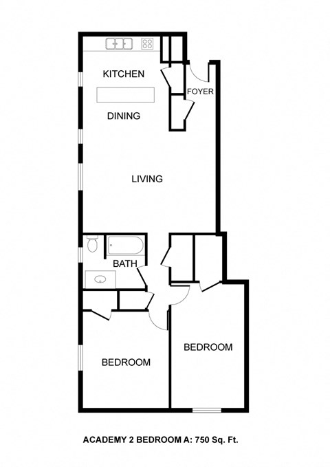 Floor plan for 2 beds, 1 bath, 750 sqft